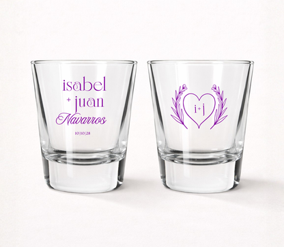 Personalized Heart Monogram wedding shot glasses featuring custom couple names, family name, initials, wedding date, and elegant botanical heart design.