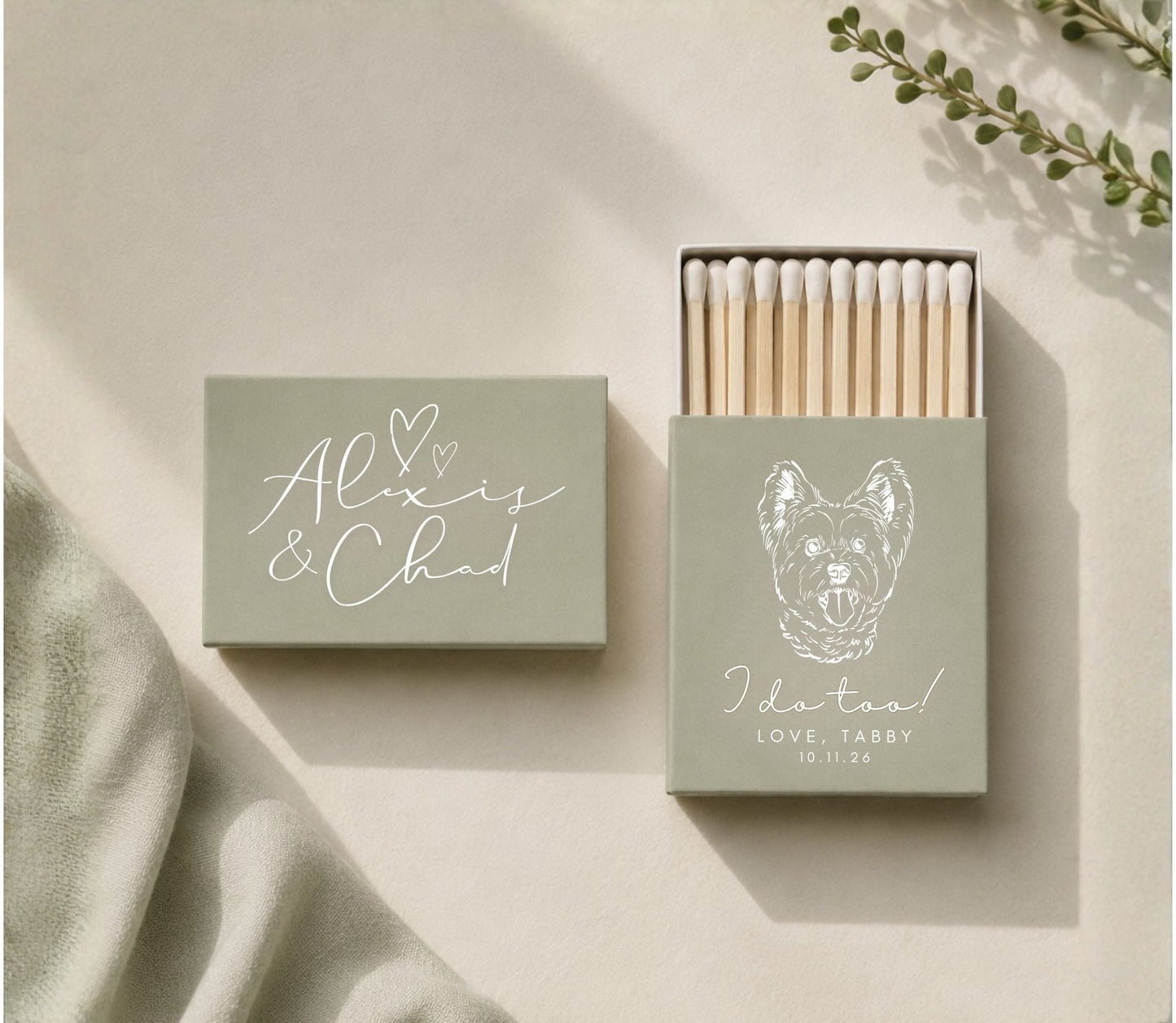 Personalized dog wedding matchboxes featuring custom pet artwork, couple names, and premium safety matches.