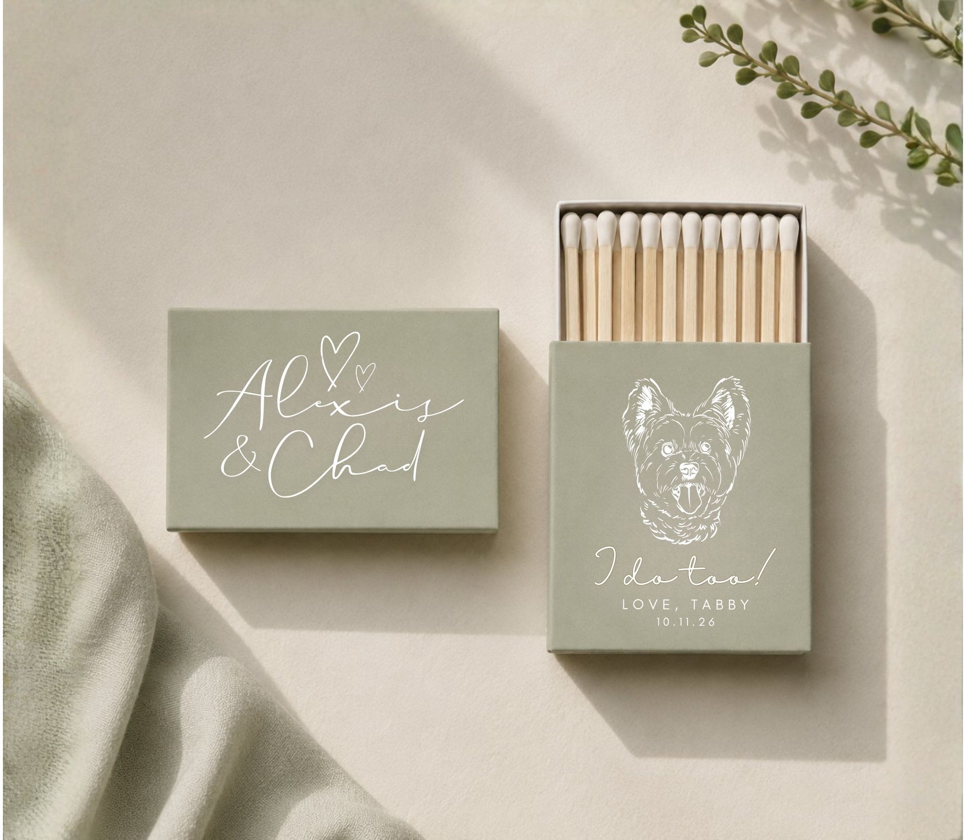 Personalized dog wedding matchboxes featuring custom pet artwork, couple names, and premium safety matches.