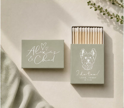 Personalized dog wedding matchboxes featuring custom pet artwork, couple names, and premium safety matches.