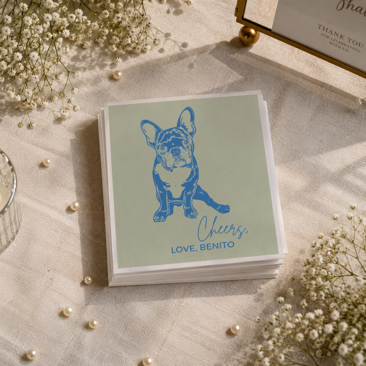 Personalized wedding cocktail napkin featuring a French Bulldog illustration and custom pet name.