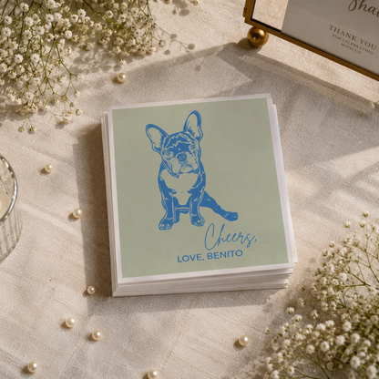 Personalized wedding cocktail napkin featuring a French Bulldog illustration and custom pet name.