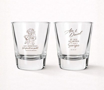 Personalized clear wedding shot glasses featuring a custom dog portrait, swipe love wedding design, couple names, and wedding date.

