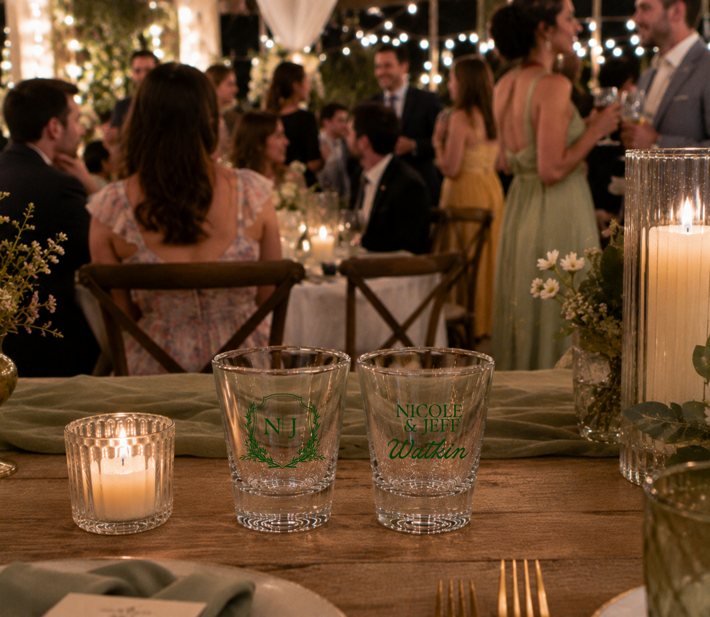 Elegant monogram wedding shot glasses with custom names.

Classic personalized wedding favor shot glasses.

Custom botanical monogram shot glasses for weddings.
