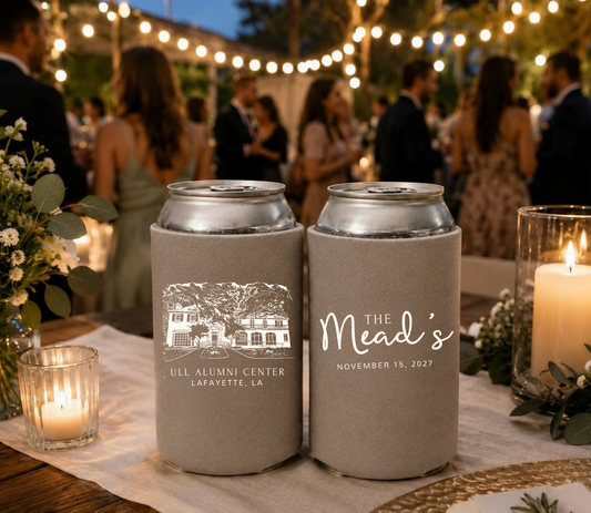Custom wedding venue can coolers.