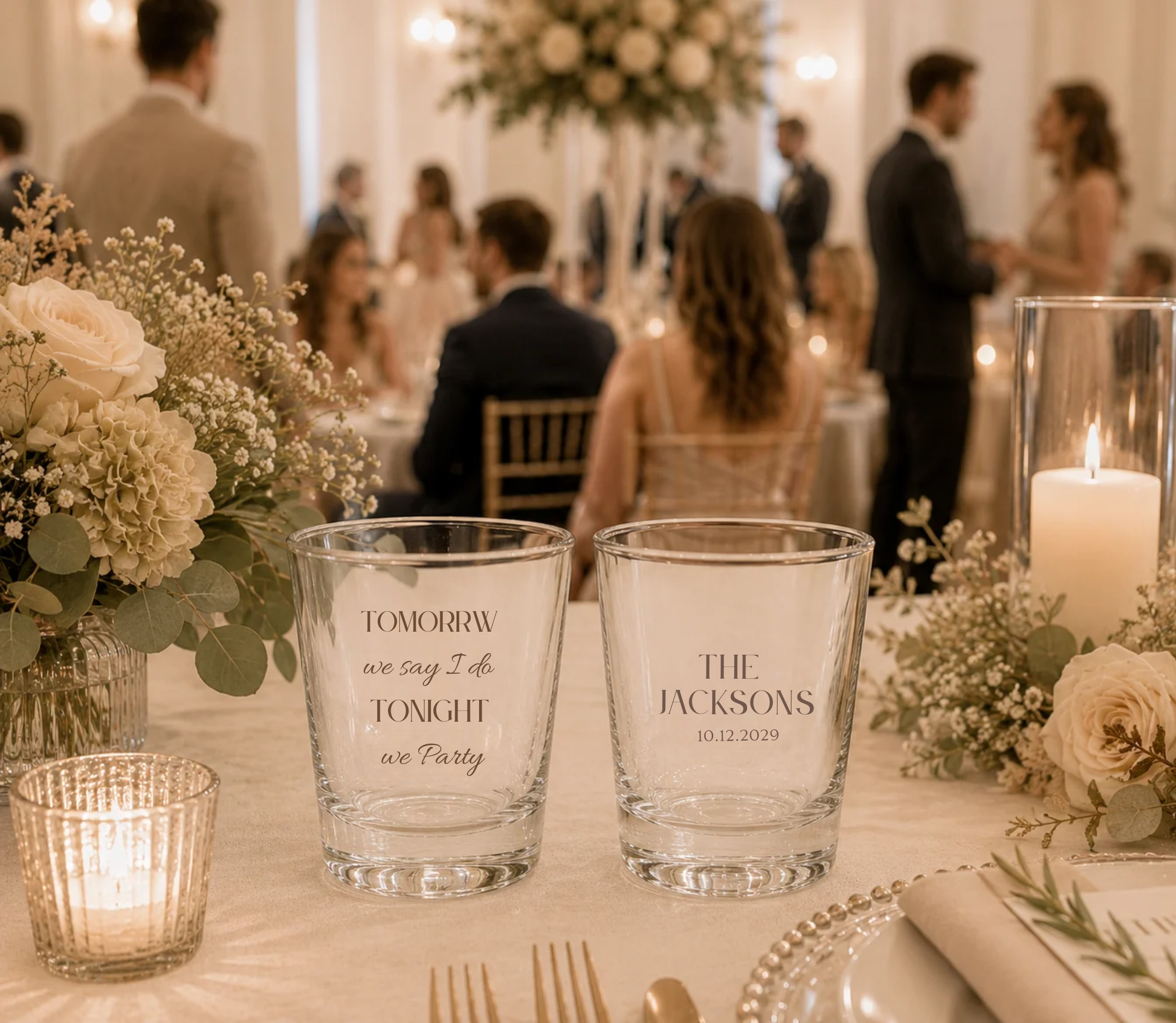Personalized wedding weekend shot glasses with custom family name wedding date and celebration message