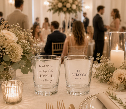 Personalized wedding weekend shot glasses with custom family name wedding date and celebration message