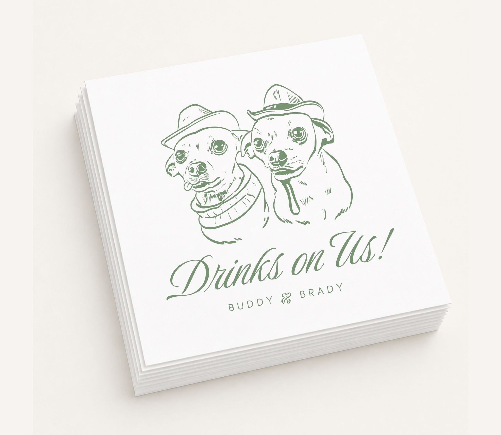 White personalized wedding table napkins featuring two custom dog portraits wearing cowboy hats, elegant script typography, personalized pet names Buddy and Brady, and premium paper construction.
Personalized western wedding table napkin featuring two custom dog portraits wearing cowboy hats.
Custom pet portrait wedding table napkin with two cowboy dogs, personalized pet names, and premium paper construction.