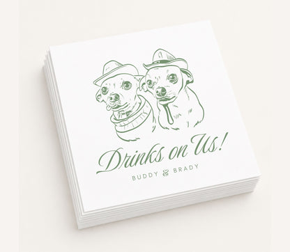 White personalized wedding table napkins featuring two custom dog portraits wearing cowboy hats, elegant script typography, personalized pet names Buddy and Brady, and premium paper construction.
Personalized western wedding table napkin featuring two custom dog portraits wearing cowboy hats.
Custom pet portrait wedding table napkin with two cowboy dogs, personalized pet names, and premium paper construction.