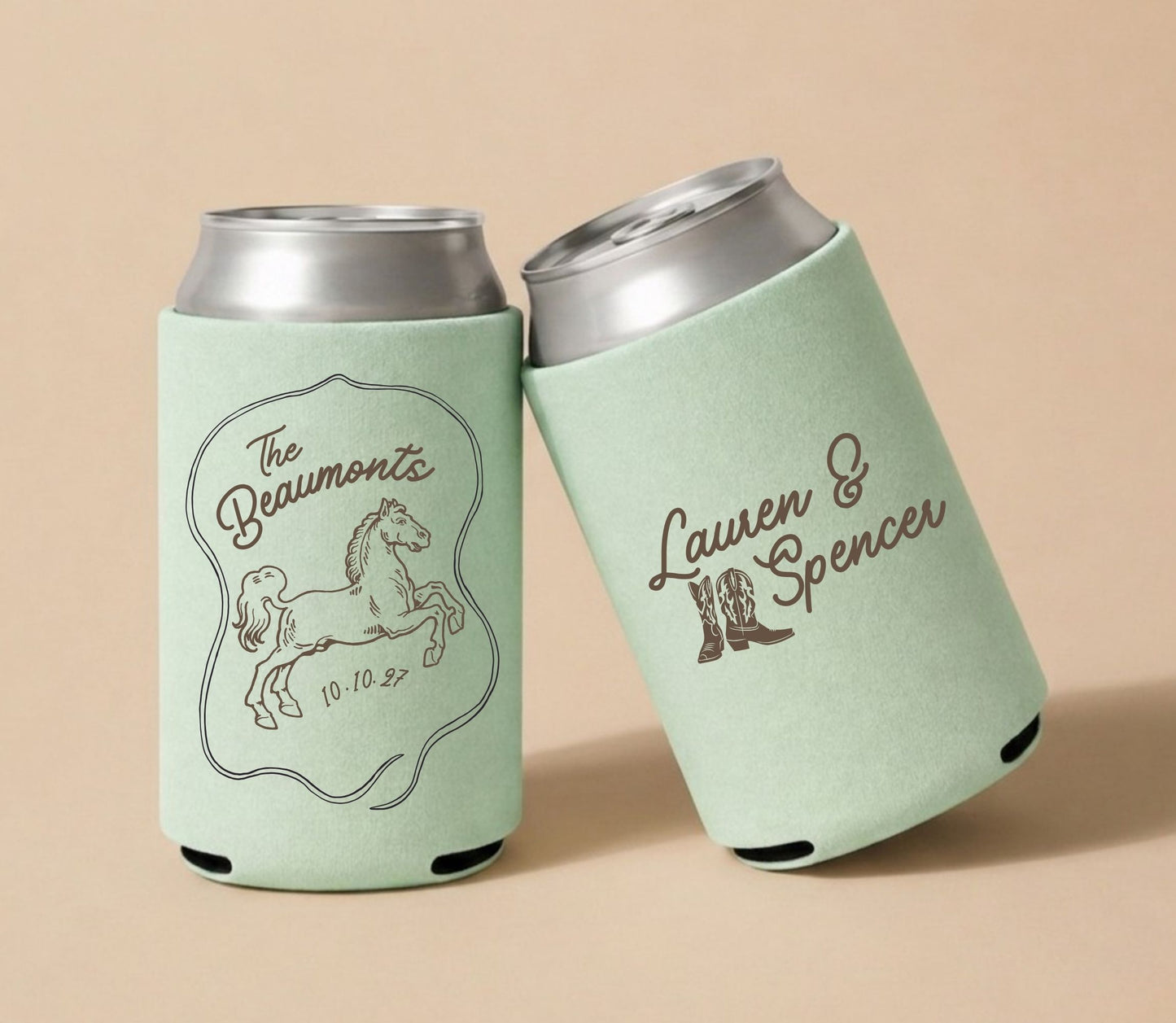 Personalized western wedding can cooler featuring horse illustration and custom wedding names.