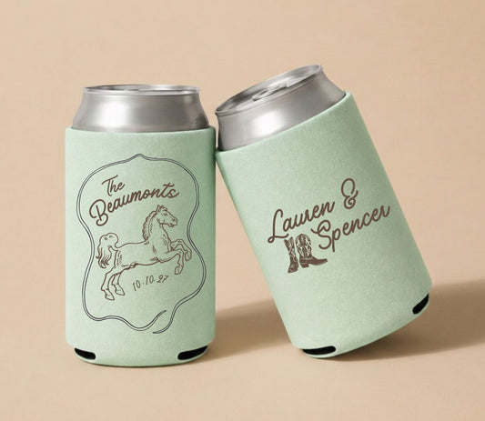 Personalized western wedding can cooler featuring horse illustration and custom wedding names.