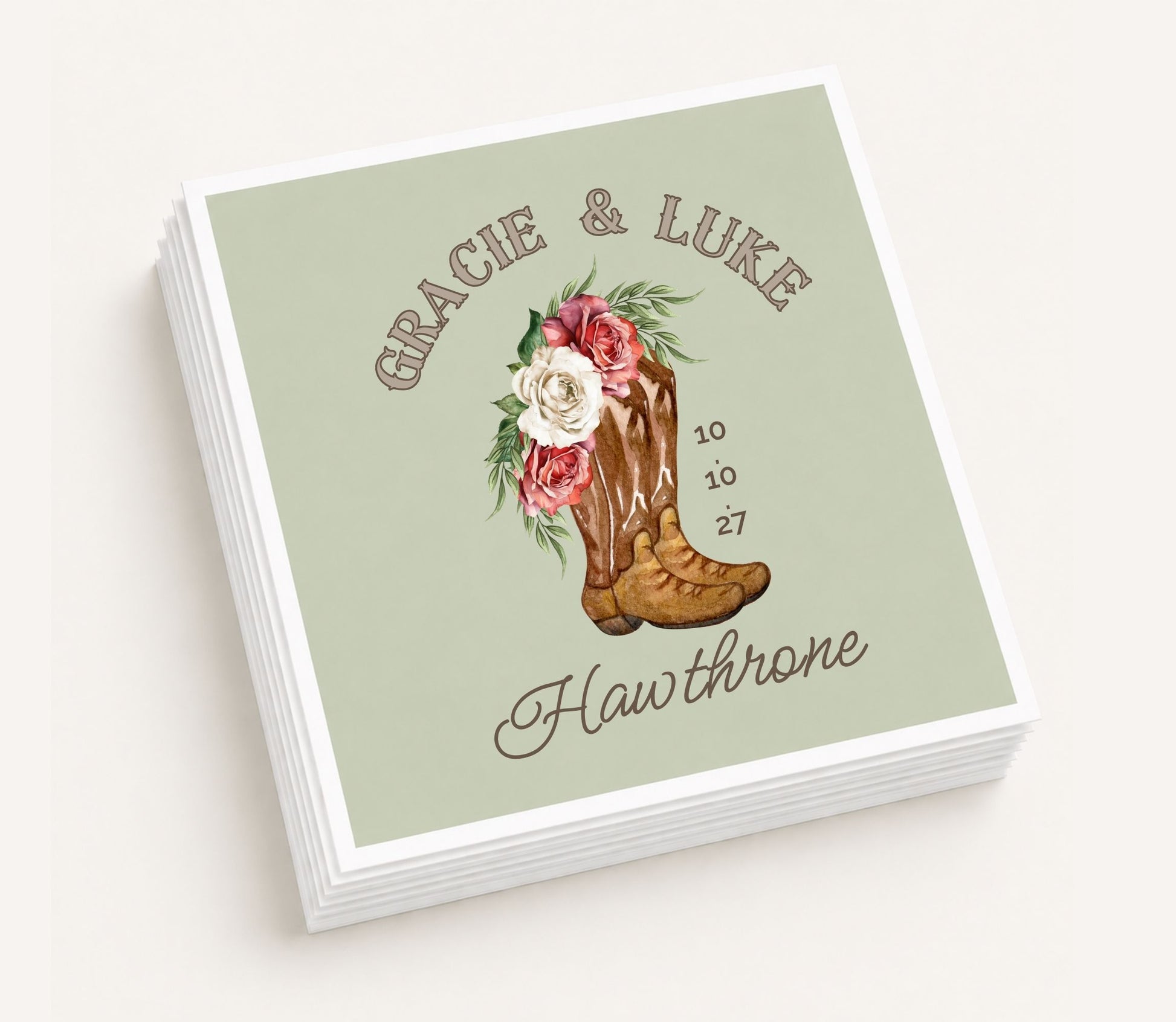 Personalized western wedding cocktail napkins featuring floral cowboy boots, custom names Gracie and Luke Hawthorne, and wedding date.