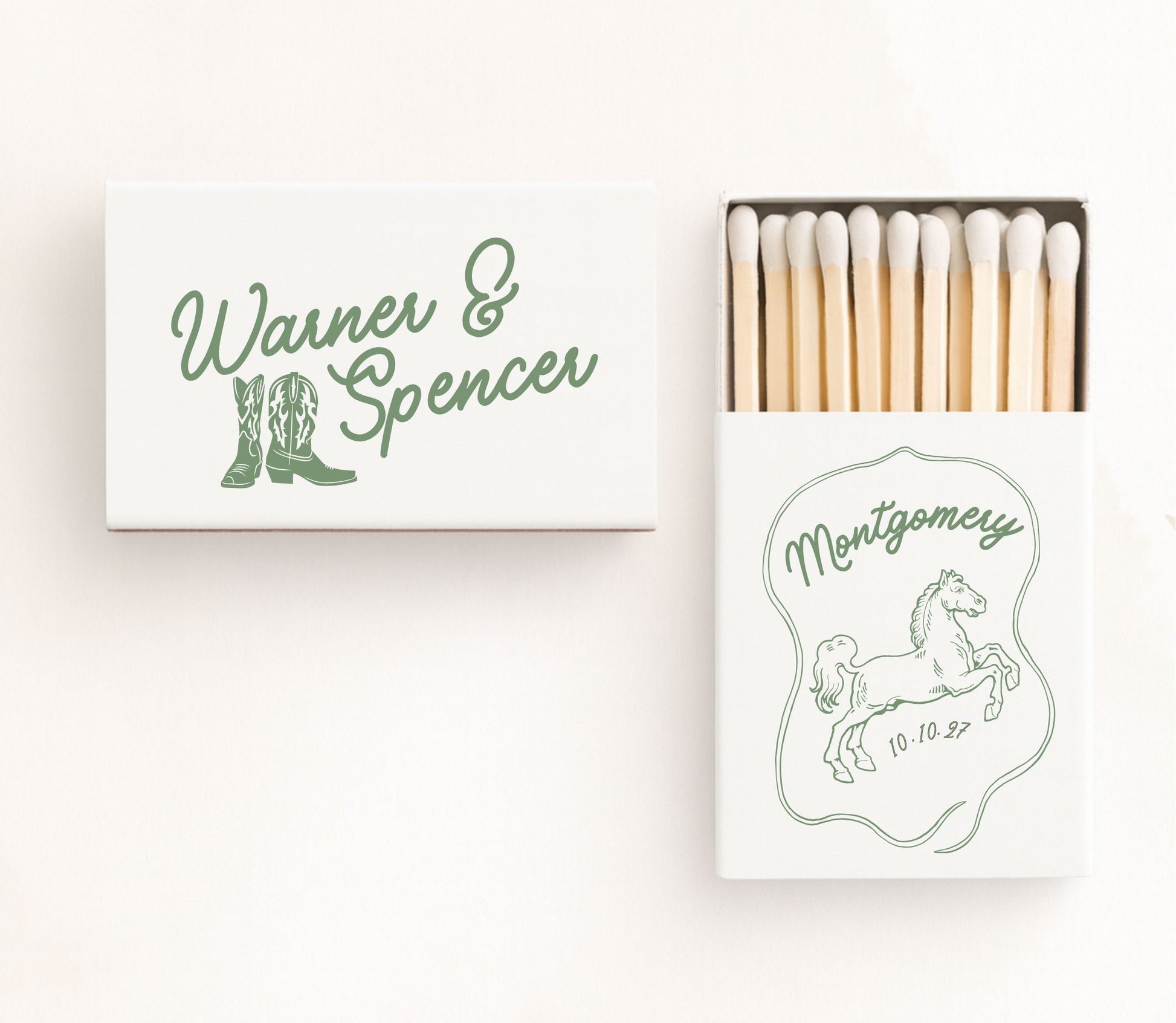 White personalized western boots wedding matchboxes featuring cowboy boot illustrations, elegant green script typography, custom couple names, wedding date, and premium safety matches.
Personalized western wedding matchbox featuring cowboy boots and elegant script typography.
Custom cowboy wedding matchbox with western boot artwork, couple names, and wedding date.