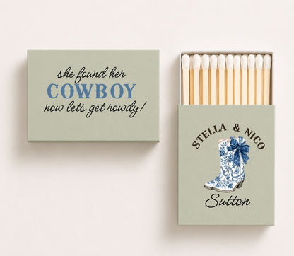 Personalized western wedding matchboxes featuring cowboy boot artwork, custom names Stella and Nico Sutton, and country wedding design.