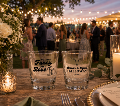 Personalized western wedding shot glasses with couple names wedding date and cowboy themed artwork