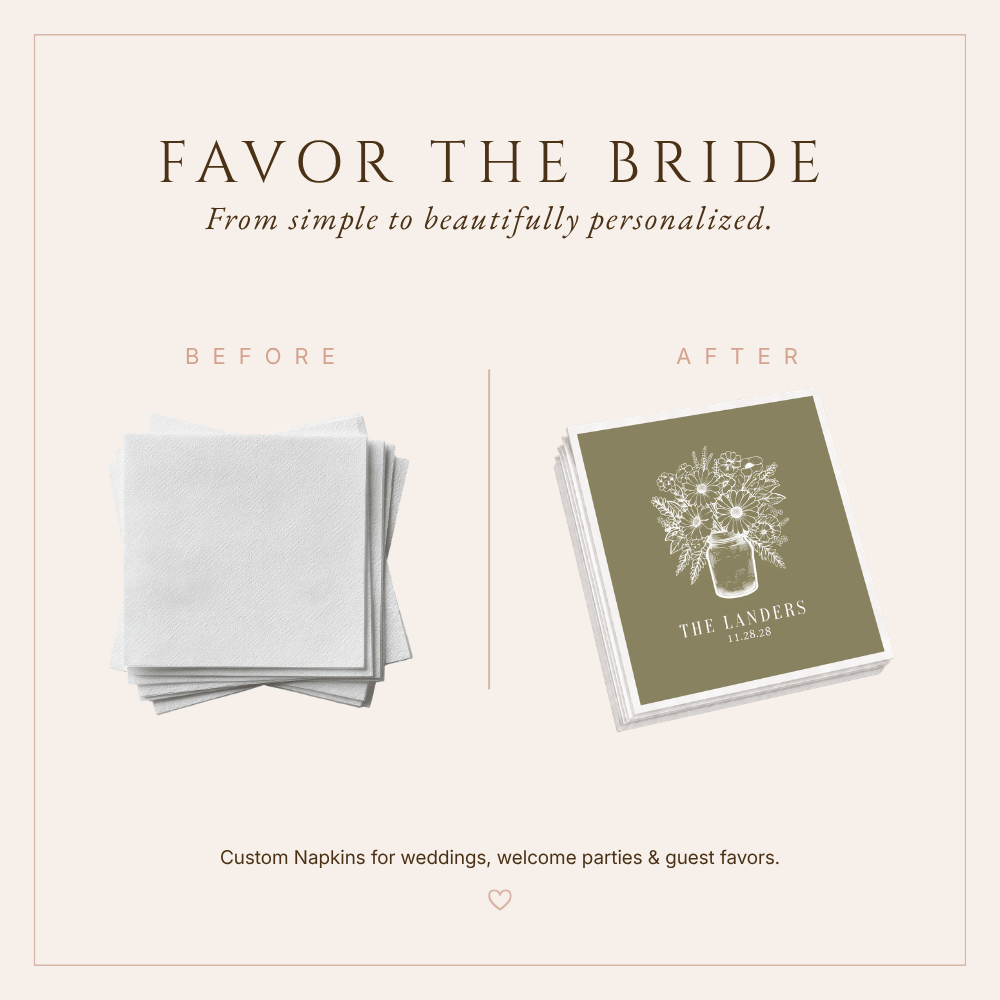 Botanical fall wedding table napkins with personalized family name, wedding date, and floral mason jar illustration.