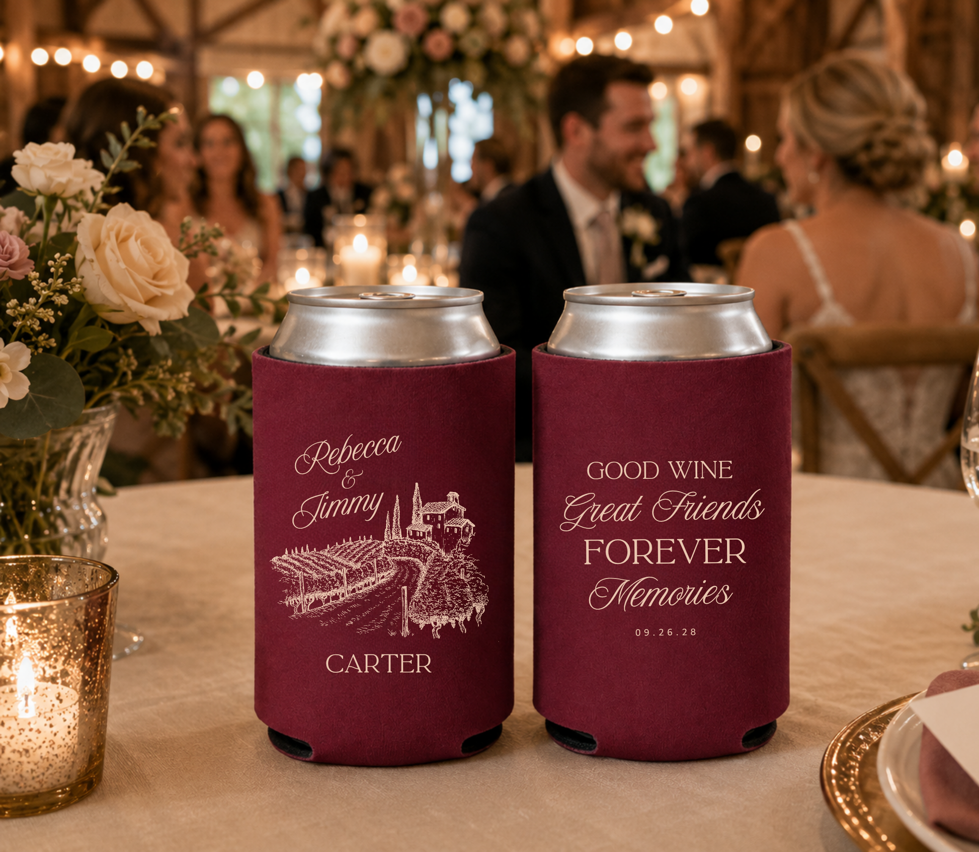 
Custom vineyard wedding can cooler with elegant winery landscape illustration and personalized names.
