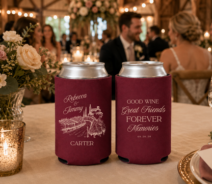 
Custom vineyard wedding can cooler with elegant winery landscape illustration and personalized names.
