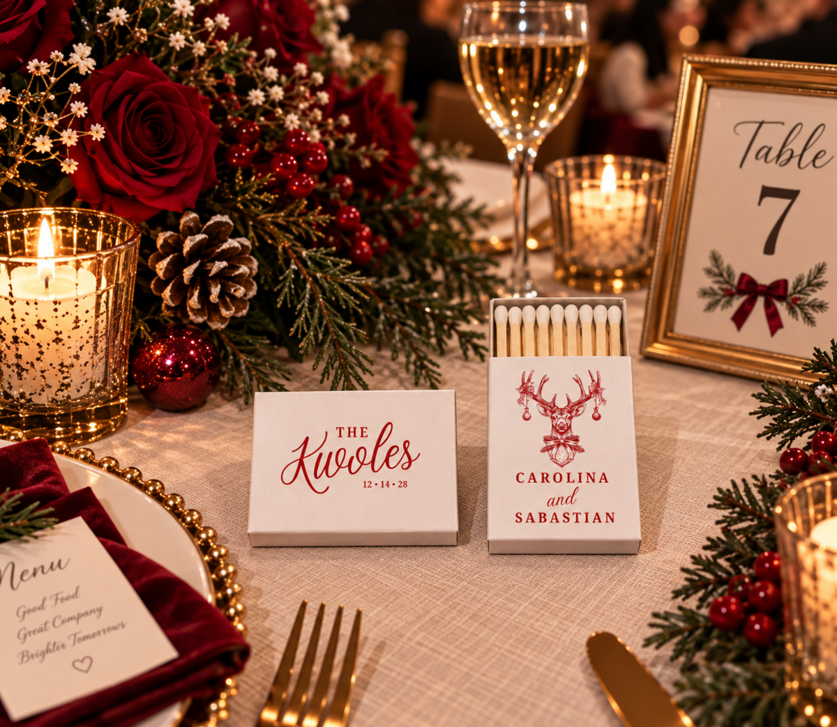 The Krugles Christmas wedding favor matchboxes with custom names and wedding date.