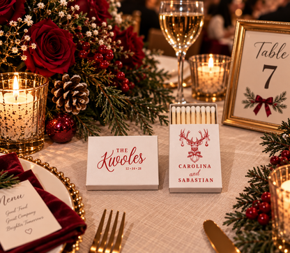 The Krugles Christmas wedding favor matchboxes with custom names and wedding date.