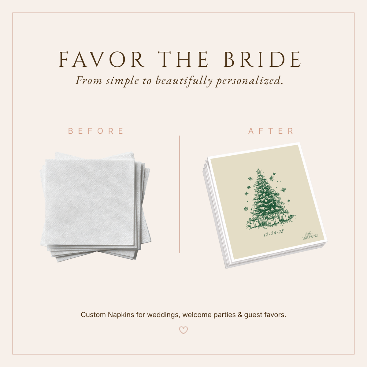 Elegant personalized holiday wedding napkins with Christmas tree, presents, and custom family name.