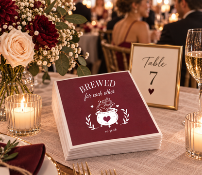 Personalized witchy wedding cocktail napkins with custom wedding date.