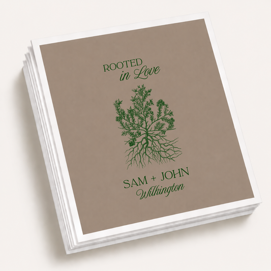 Taupe personalized Rooted in Love wedding cocktail napkins featuring botanical roots artwork, custom couple names, and family surname.