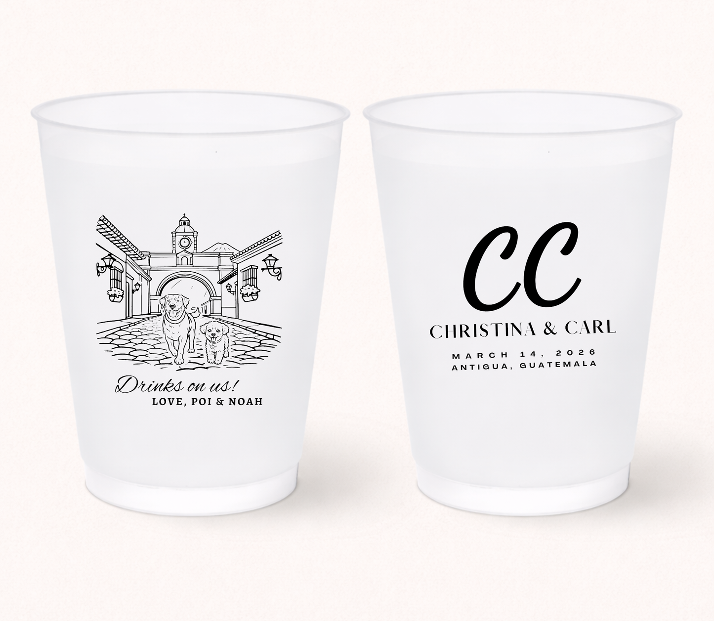 Pet portrait destination wedding frosted cups
Custom Antigua Guatemala wedding cup design
Personalized wedding cups with venue illustration
Pet lover wedding favor frosted drinkware
