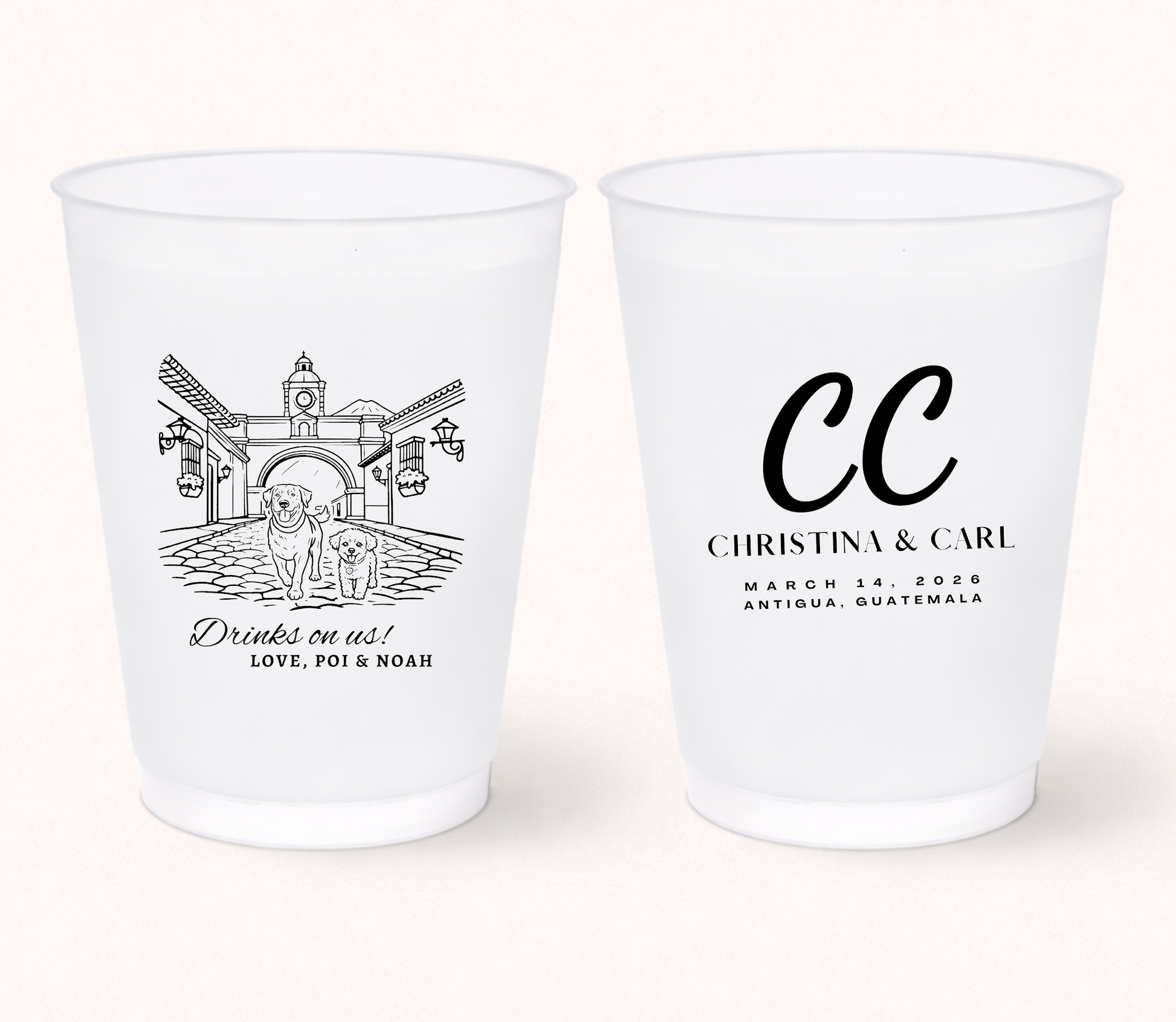 Pet portrait destination wedding frosted cups
Custom Antigua Guatemala wedding cup design
Personalized wedding cups with venue illustration
Pet lover wedding favor frosted drinkware