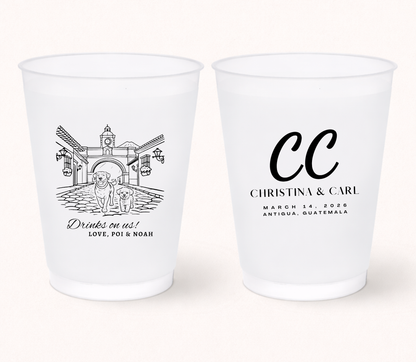 Pet portrait destination wedding frosted cups
Custom Antigua Guatemala wedding cup design
Personalized wedding cups with venue illustration
Pet lover wedding favor frosted drinkware