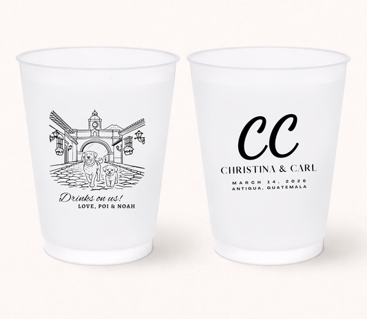Pet portrait destination wedding frosted cups
Custom Antigua Guatemala wedding cup design
Personalized wedding cups with venue illustration
Pet lover wedding favor frosted drinkware