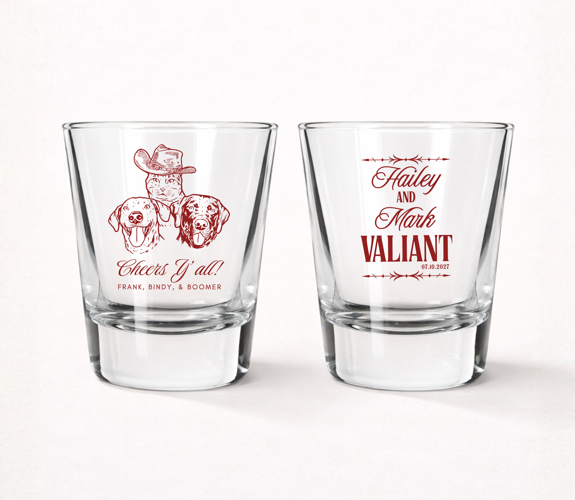 Pet portrait wedding shot glasses
Custom dog wedding shot glasses
Western wedding shot glasses with pets
Personalized pet lover wedding favors
Country wedding shot glasses with dog design