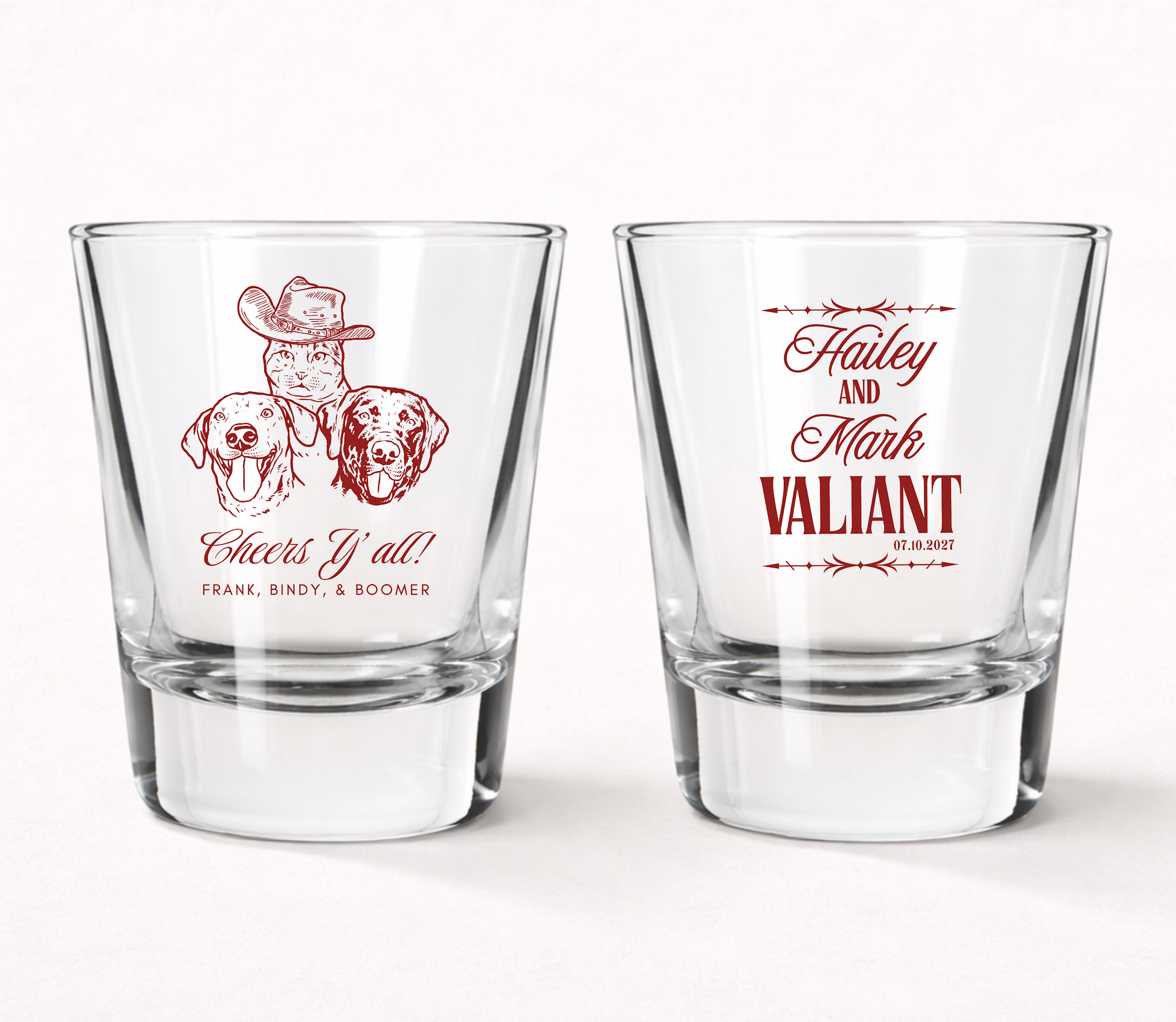 Pet portrait wedding shot glasses
Custom dog wedding shot glasses
Western wedding shot glasses with pets
Personalized pet lover wedding favors
Country wedding shot glasses with dog design