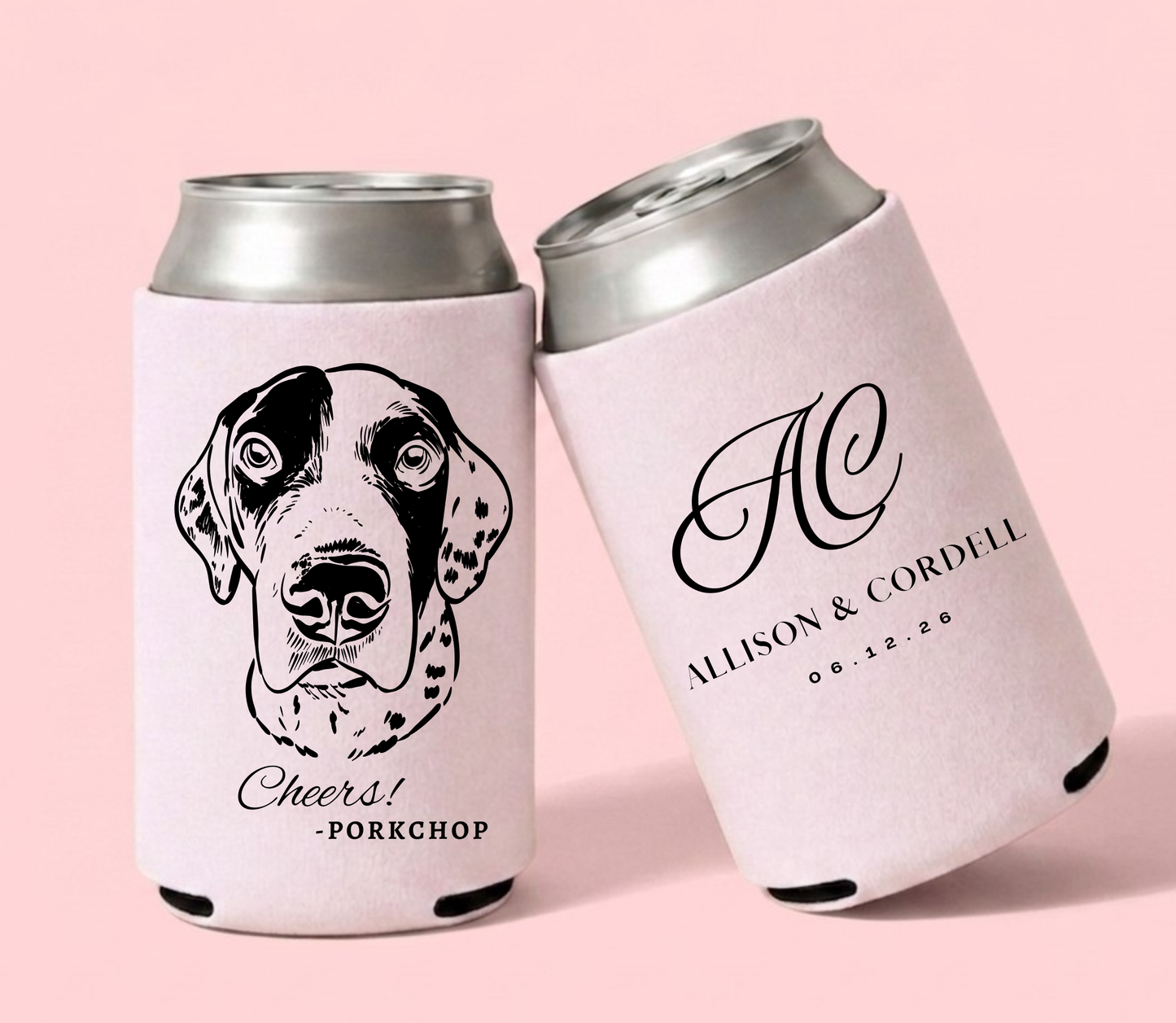 Personalized dog portrait wedding can coolers with black custom pet artwork, couple initials, names, wedding date, and pet name on white drink sleeves