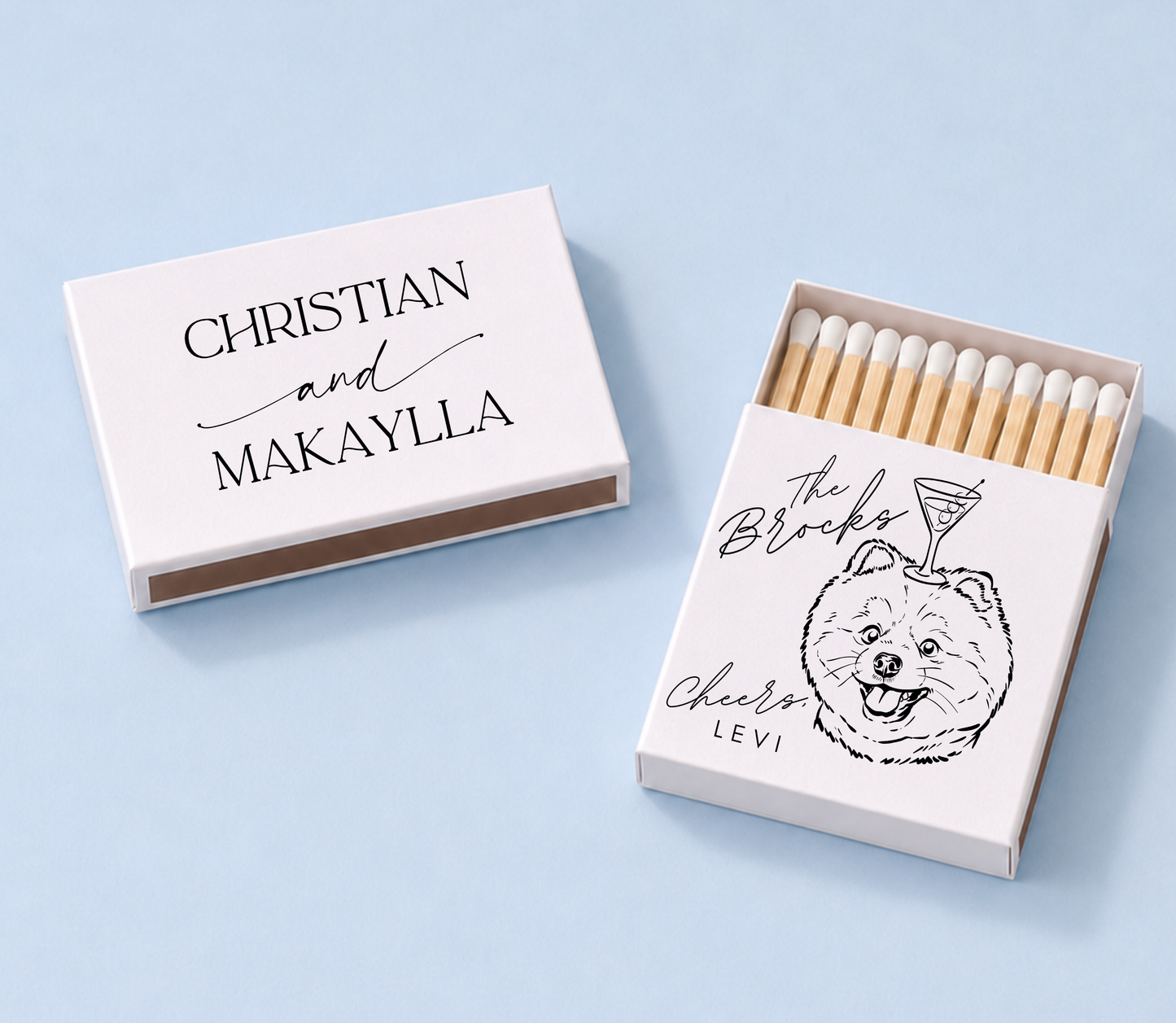 White wedding matchboxes with custom pet portrait design, couple names, wedding date, and I do too wording cocktail on pets head 
