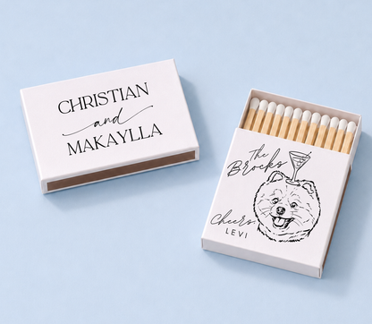 White wedding matchboxes with custom pet portrait design, couple names, wedding date, and I do too wording cocktail on pets head 
