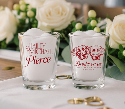 Custom dog portrait wedding shot glasses with red pet artwork, personalized couple names, pet name, and wedding date