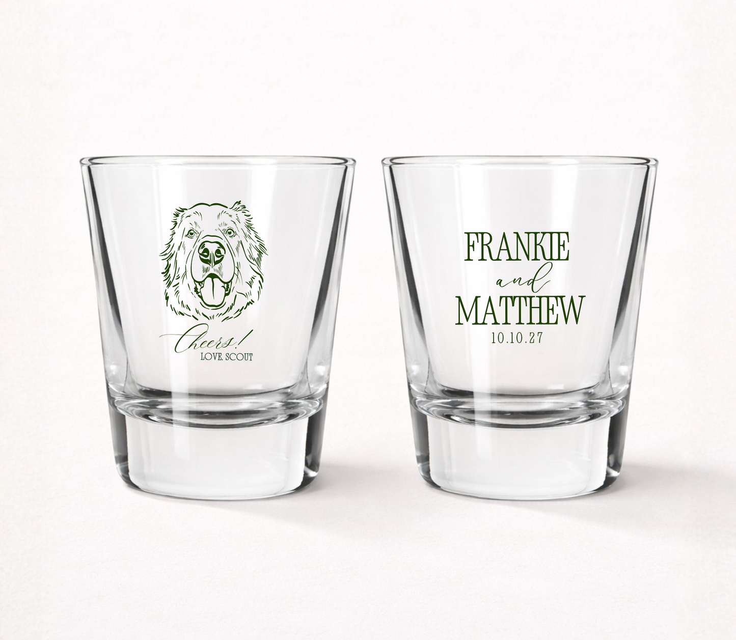 Clear personalized wedding shot glasses featuring a custom dog portrait illustration, pet name, couple names, and wedding date.