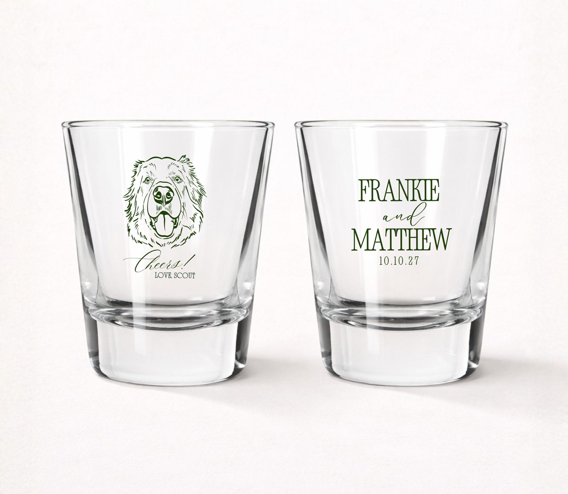 Clear personalized wedding shot glasses featuring a custom dog portrait illustration, pet name, couple names, and wedding date.