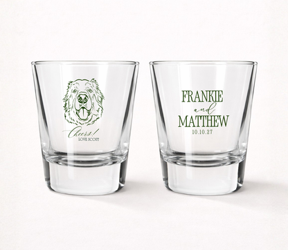Clear personalized wedding shot glasses featuring a custom dog portrait illustration, pet name, couple names, and wedding date.