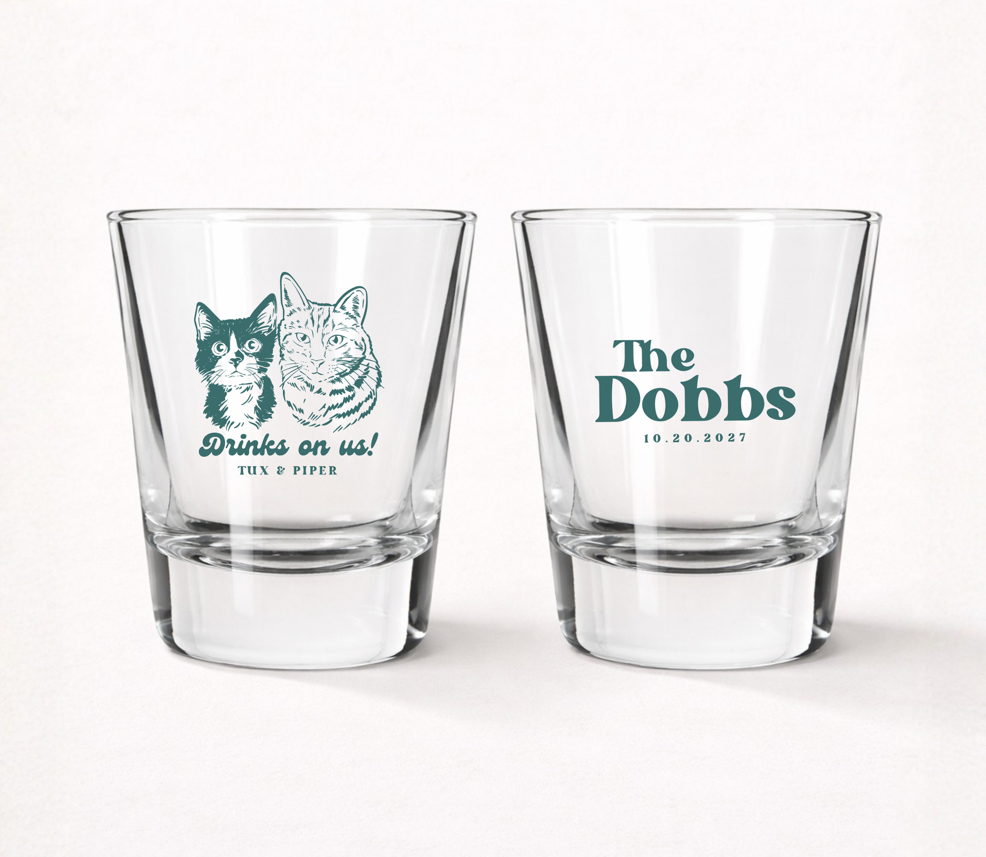 Clear personalized wedding shot glasses featuring custom dog and cat portrait illustrations, family surname, pet names, and wedding date.