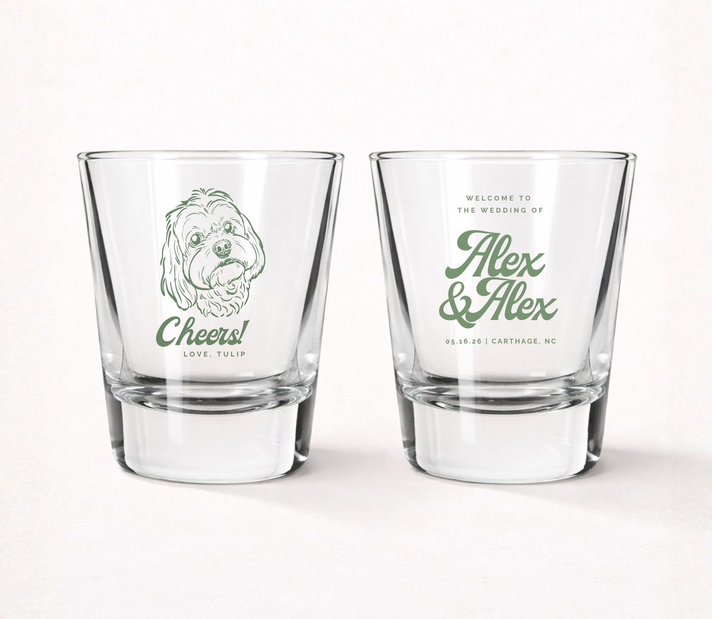 Clear personalized wedding shot glasses featuring a custom dog portrait illustration, pet name, couple names, wedding date, and wedding location.