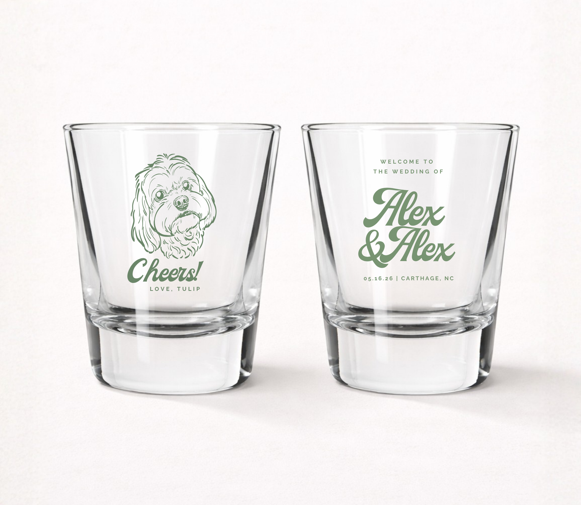 Clear personalized wedding shot glasses featuring a custom dog portrait illustration, pet name, couple names, wedding date, and wedding location.