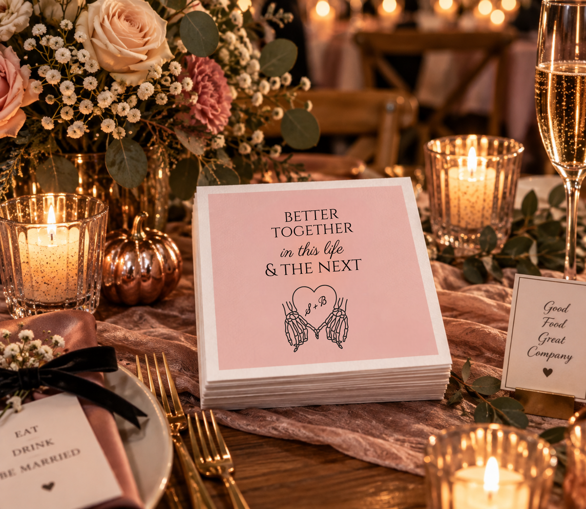 Personalized pink skeleton wedding napkin featuring Better Together in This Life and the Next wording.