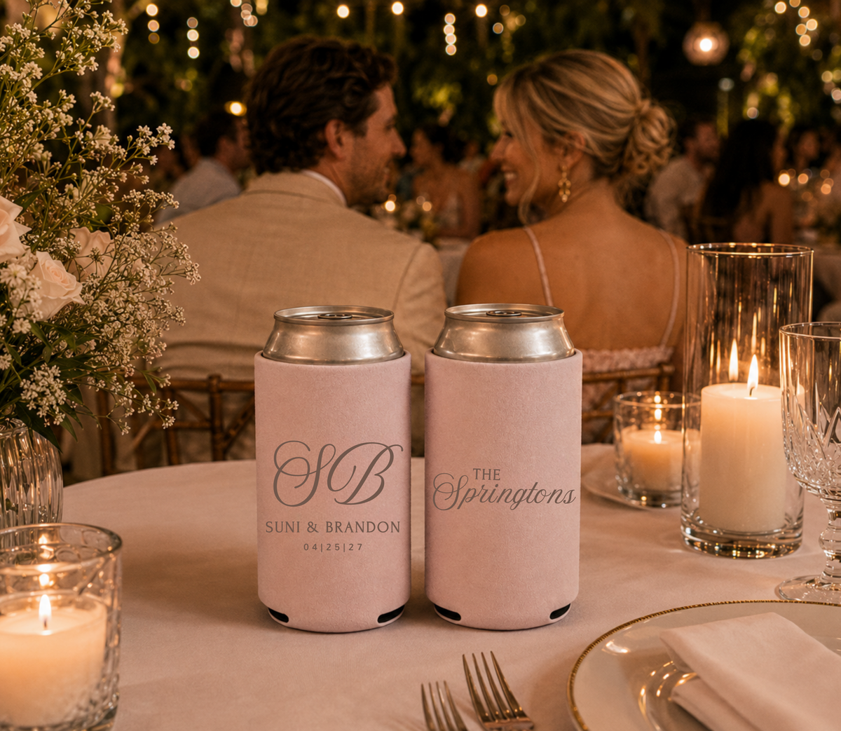 Pink personalized foam wedding can coolers