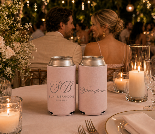 Pink personalized foam wedding can coolers