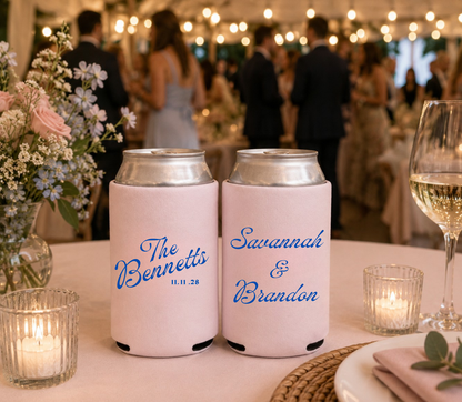Custom blush pink wedding can koozies.