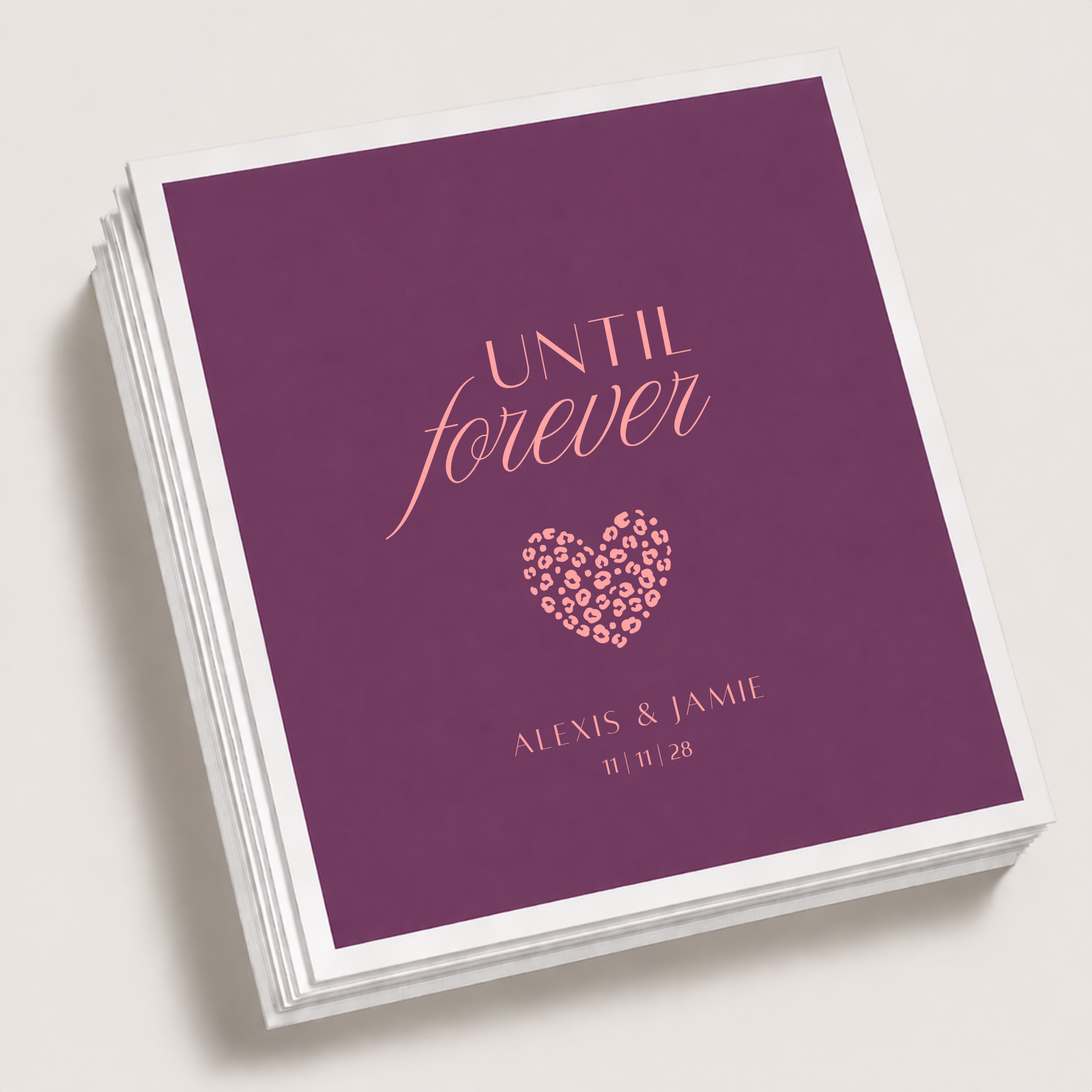 Personalized plum wedding cocktail napkins featuring coral pink Until Forever lettering, leopard print heart, Alexis and Jamie names, and 11-11-28 wedding date.
