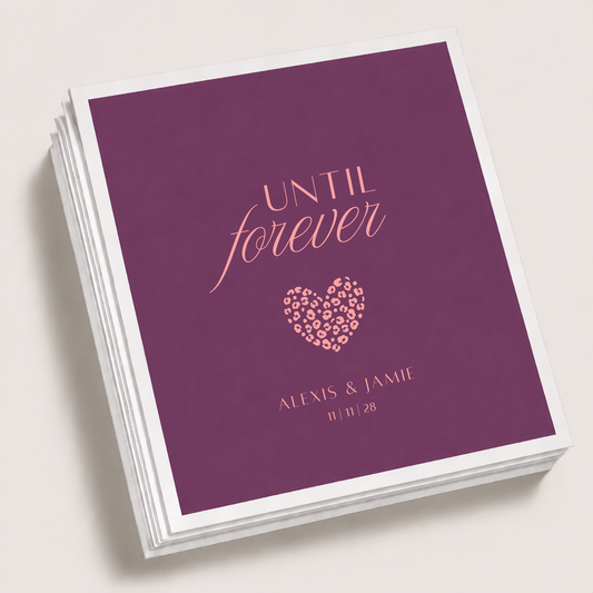 Personalized plum wedding cocktail napkins featuring coral pink Until Forever lettering, leopard print heart, Alexis and Jamie names, and 11-11-28 wedding date.
