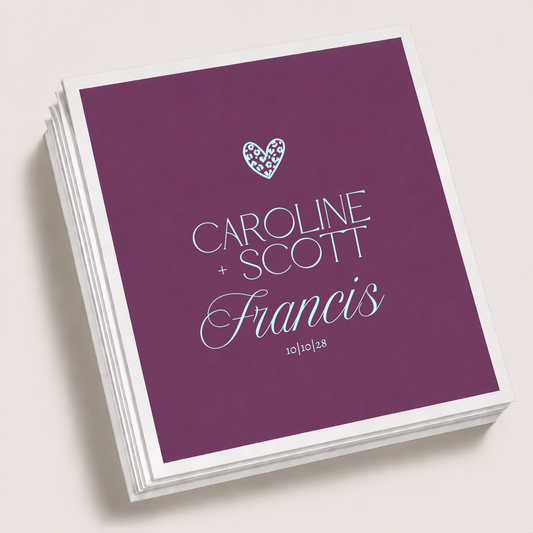Personalized plum wedding cocktail napkins featuring a light blue leopard print heart, Caroline and Scott names, Francis family name, and 10-10-28 wedding date.

